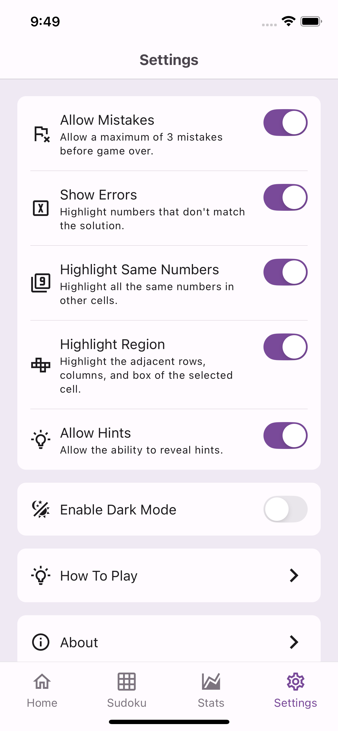 Sudoku Summit Settings Screenshot